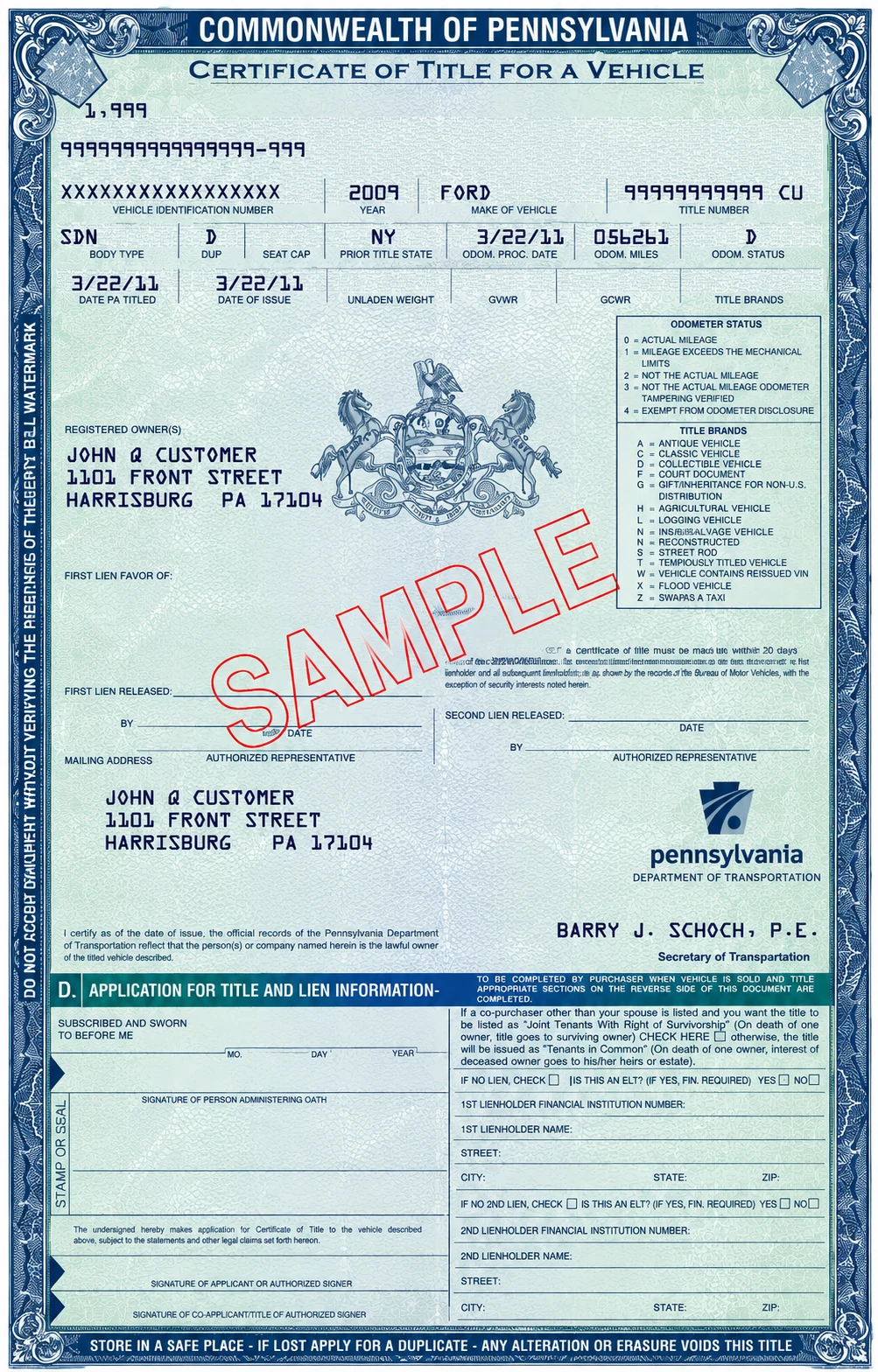 Ejemplo SAMPLE de certificado de título de Pennsylvania